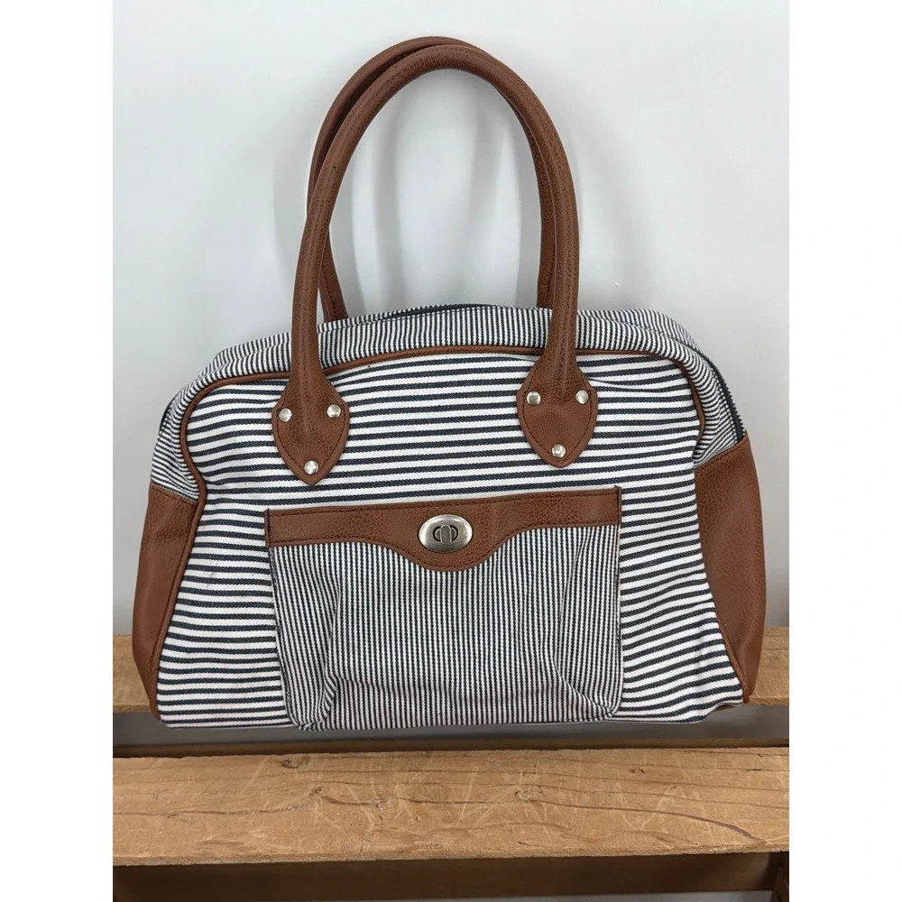P. Blue Piel Pelle Striped Canvas Satchel Bag Navy White Brown C-22447A